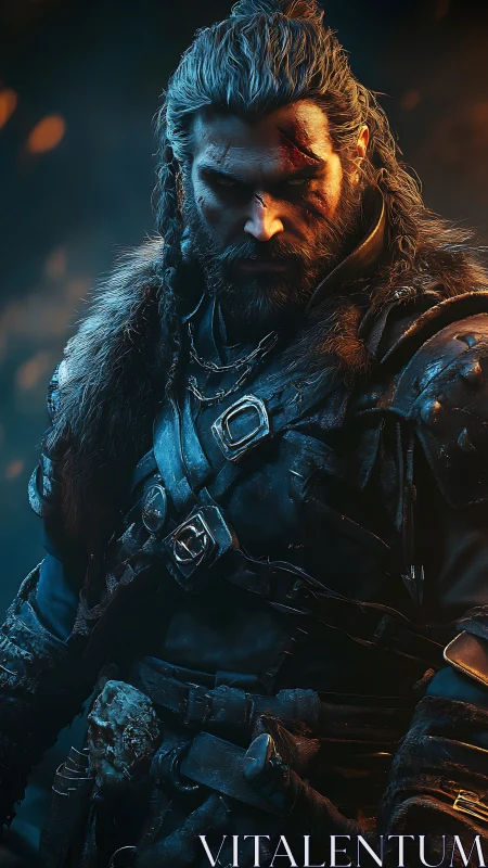 Battle-scarred warrior under cinematic blue-orange rim lighting.