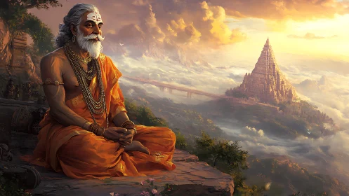 Meditating sage above cloud valley and distant temple peak.