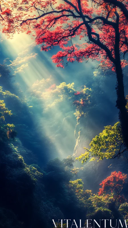 Sunlight Dancing Through Red Autumn Leaves and Blue Sky.