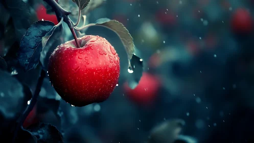 Single red apple glows in moody rain-soaked orchard twilight