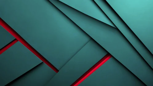 Teal geometric layered panels with bold red accents.