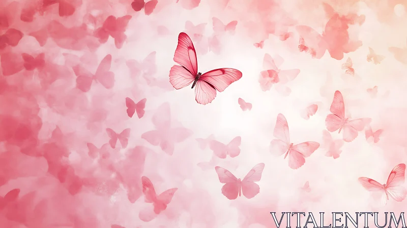 Pink butterfly swarm over soft pastel gradient sky.