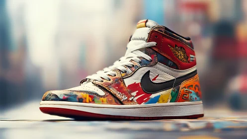 Photoreal sneaker close-up with graffiti color-blocked panels.