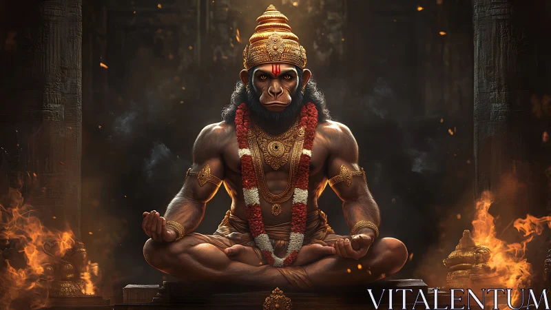 Divine simian warrior meditates amid sacred temple fire.