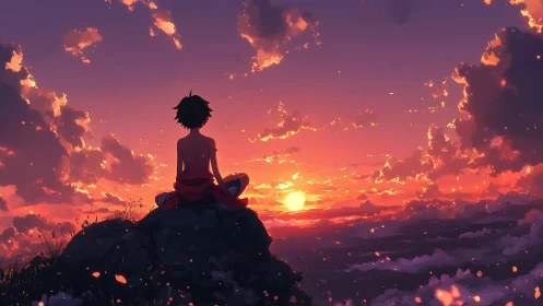 Solitary figure contemplates a blazing anime sunset sky