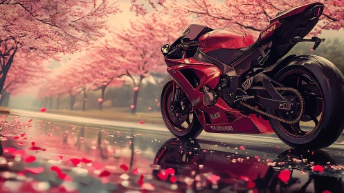 Cherry blossoms welcome a sleek red motorcycle to the road