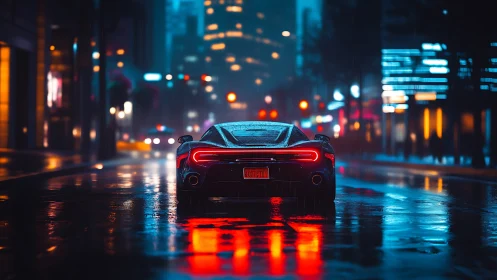 Midnight supercar gliding through neon city rain glow.