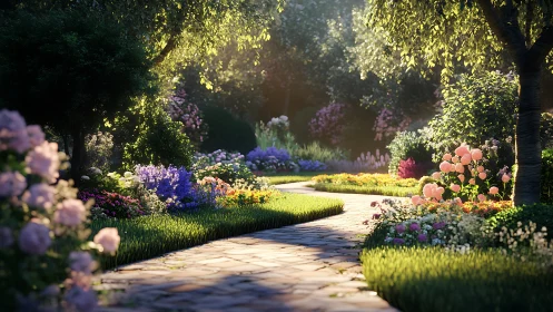 Sunlit garden path wandering through luminous flower clouds.