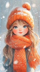 Snow-kissed girl in orange knit glows against the winter hush