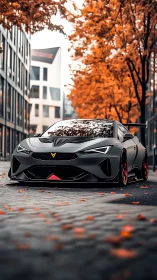 Matte grey supercar dominates an autumn city boulevard