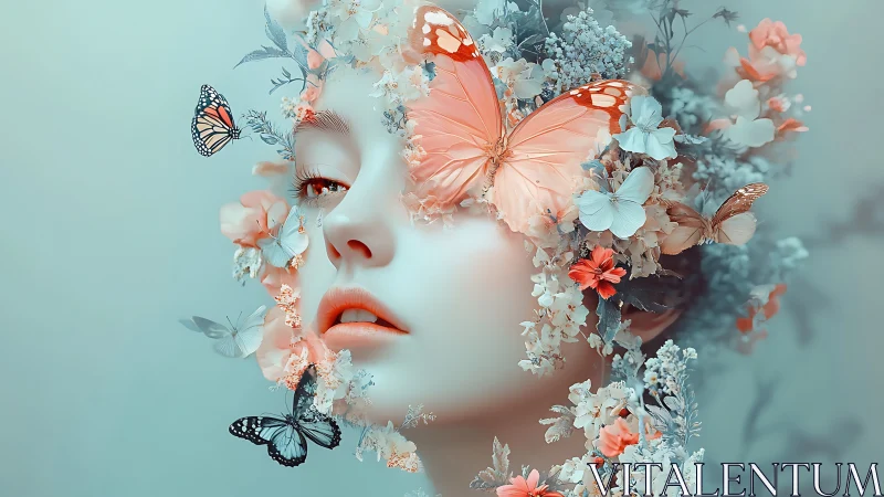 Surreal female portrait with blossoming butterflies and flowers.
