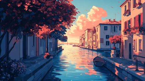 Sunlit canal evening wrapped in soft pastel reflections.