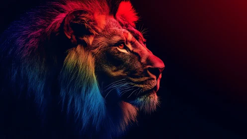 Regal neon lion gazes into darkness with radiant intensity