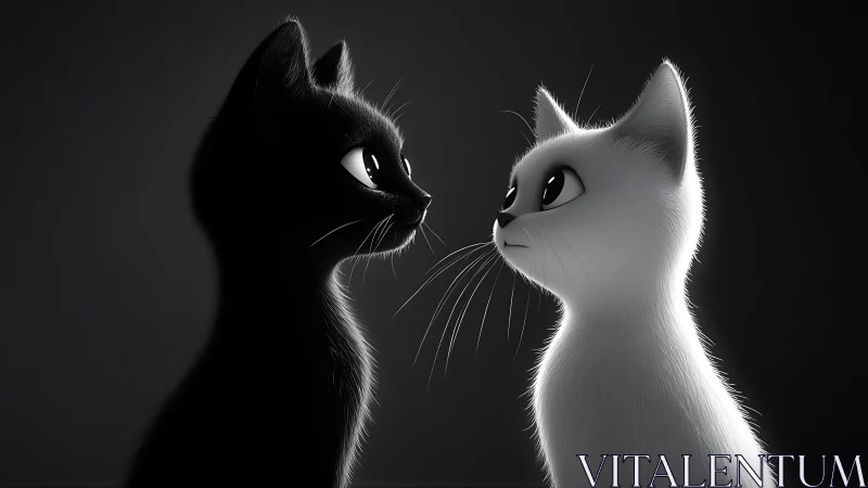 Black and White Cat Silhouettes in Profile Facing Each Other