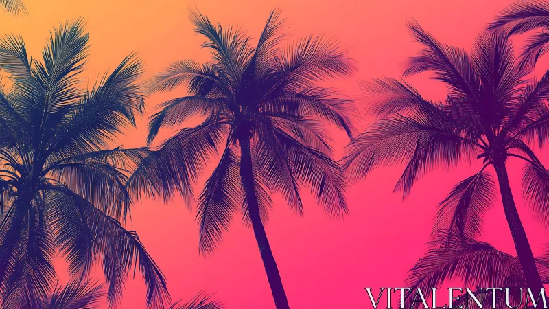 Palm tree silhouettes cut across vivid tropical gradient sky