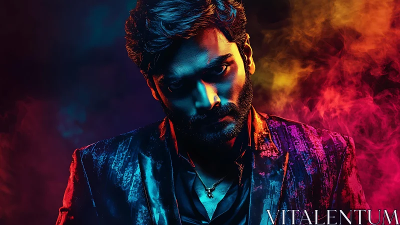 Moody male portrait in vivid neon smoke lighting.