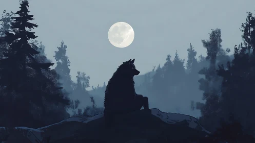 Quiet wolf under a glowing full moon in misty forest night.
