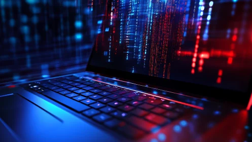 Laptop keyboard with glowing red and blue digital code display