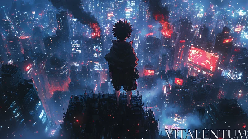 Lone figure surveys burning neon city from rooftop edge