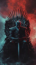 Armored ice king rules sword throne amid split sky glow