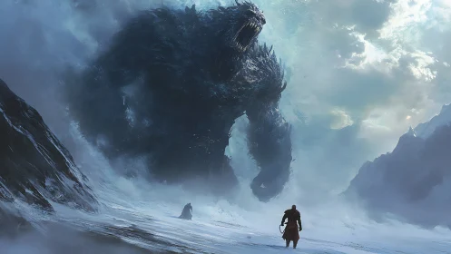 Stormborn ice colossus confronts lone warrior in tundra.