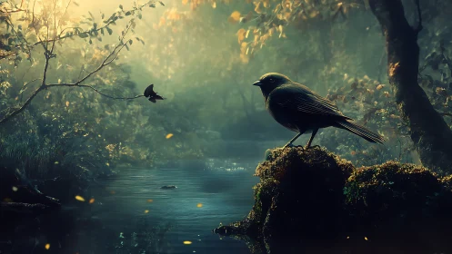 Serene bird on mossy rock by tranquil stream, dreamy forest light.