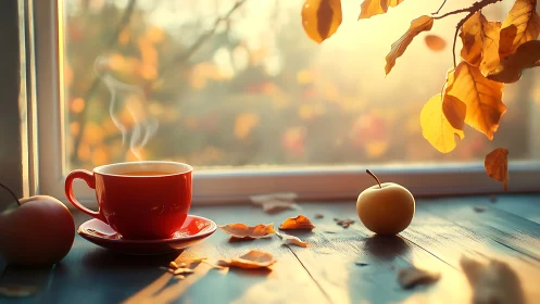 Steaming red teacup by window with glowing autumn leaves.