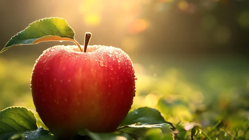 Backlit red apple with dewdrops in soft morning bokeh.