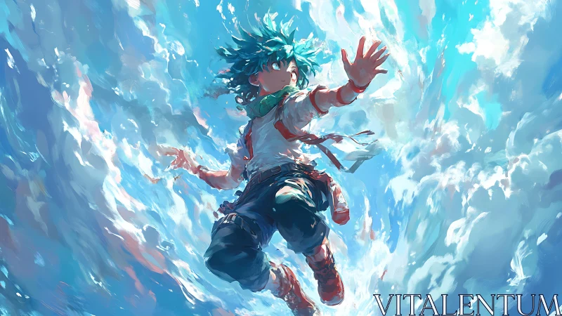 Skyborne anime hero reaching through swirling azure clouds.