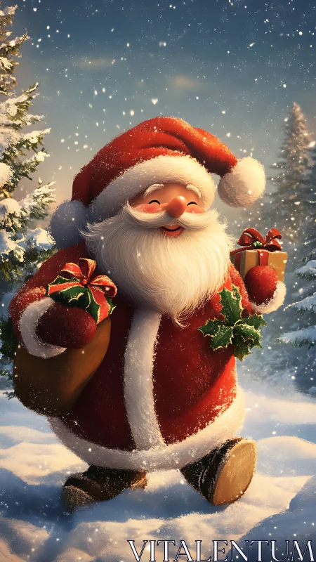 Cartoon Santa Claus walking with gifts in snowy forest.