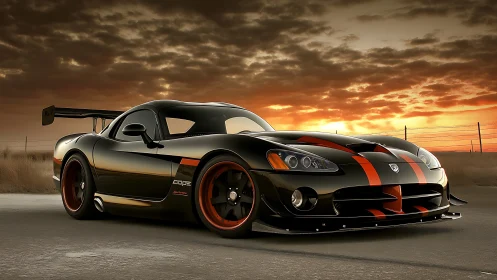 Rendered black sports coupe with orange stripes is parked