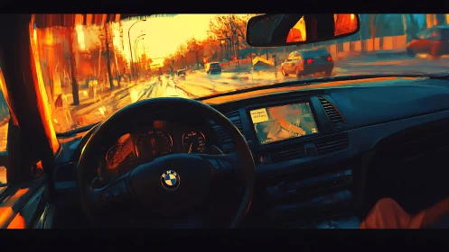 Driver’s cockpit view shows urban street through stylized windshield