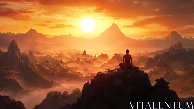 Monk overlooking misty mountain temples at vivid sunset.