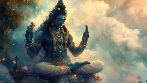 Blue-skinned meditative deity seated amid diffuse clouds.
