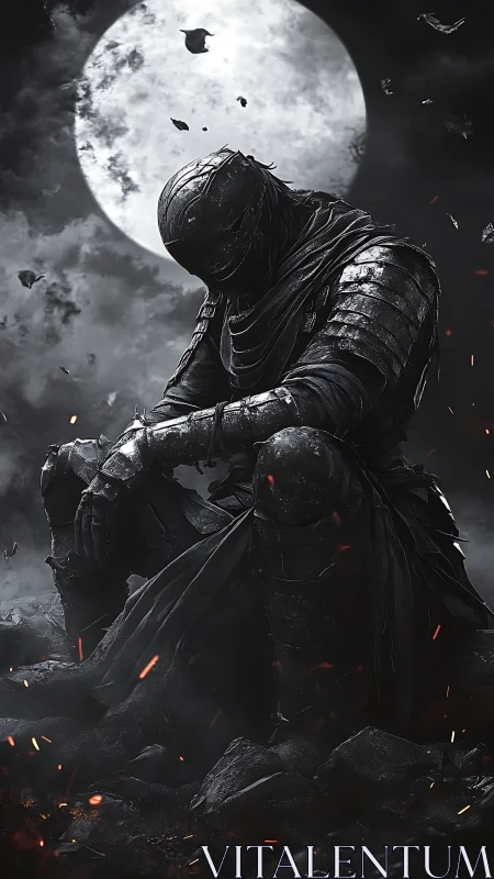 Armored figure seated under full moon in dark landscape.