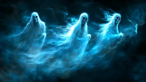 Three luminous spectral figures in blue misted environment.