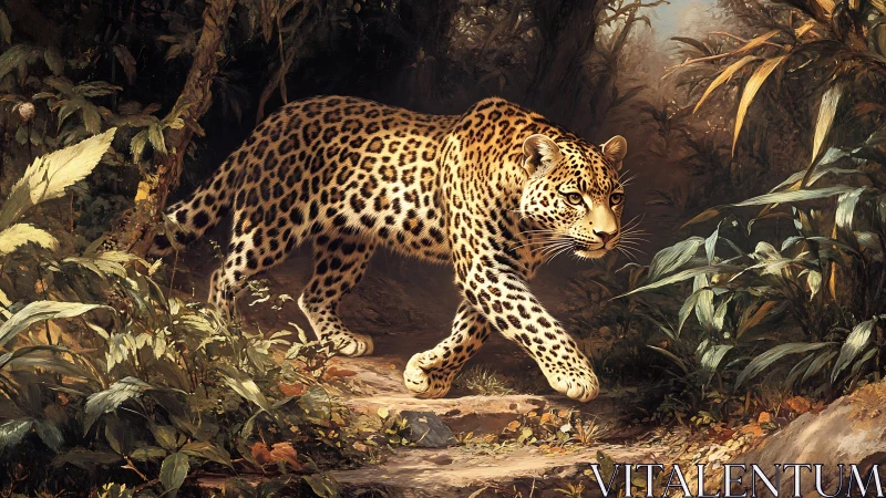 Spotted Leopard Stalking Through Dense Jungle Undergrowth.