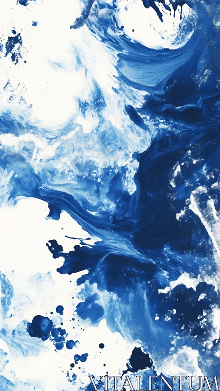 Hydrodynamic indigo pigment turbulence on white substrate field.