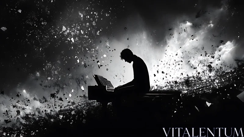 Silhouette pianist amid exploding monochrome fragments.