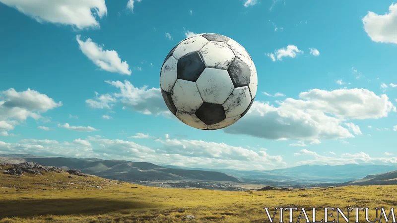 Sky-drifting giant football over sunlit wandering plains.