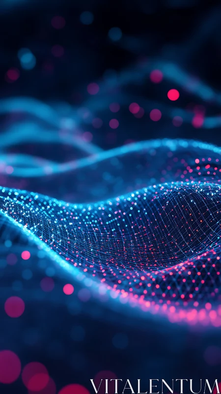 Neon bokeh data wave mesh with glowing depth-of-field grid