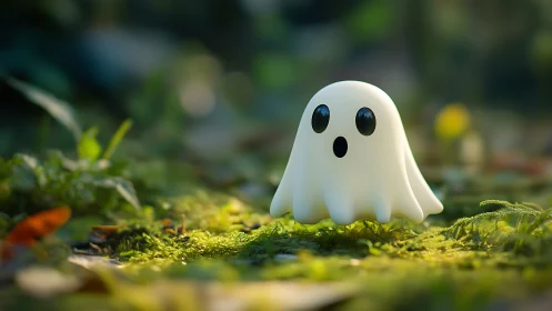 Cute white ghost figure on mossy forest floor at dawn.