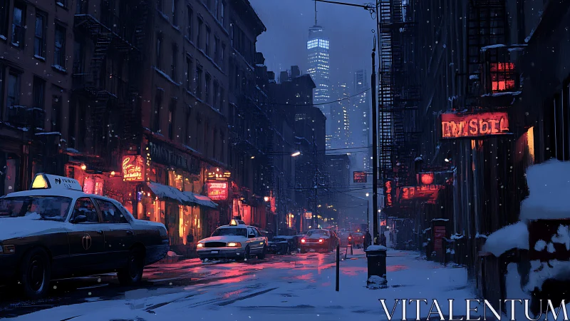 Nocturnal snowfield taxis in neon-illuminated urban canyon.