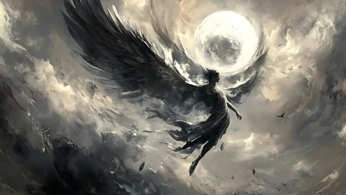Moonlit winged wanderer rising through stormy twilight skies.