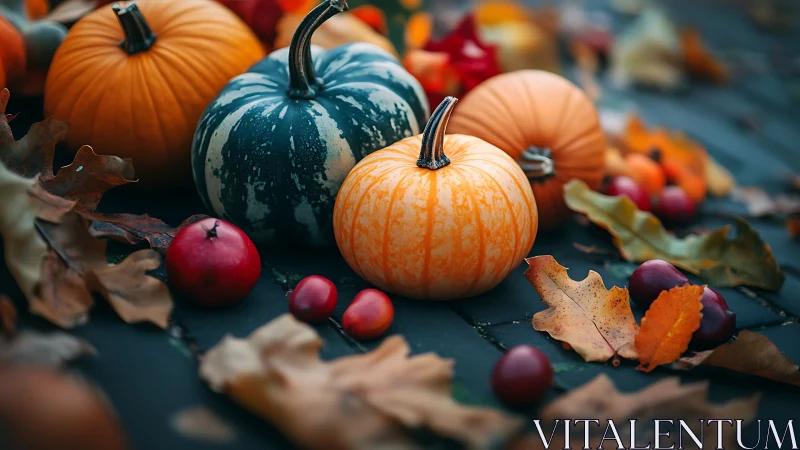 Colorful pumpkins and autumn leaves on outdoor table.