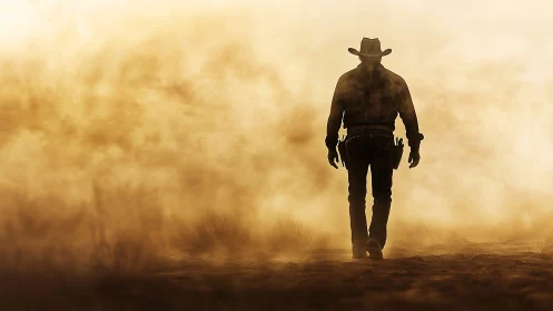 Lone dustborn cowboy strides through blazing desert haze.