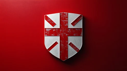 Shield with red cross and diagonal bars on red ground.
