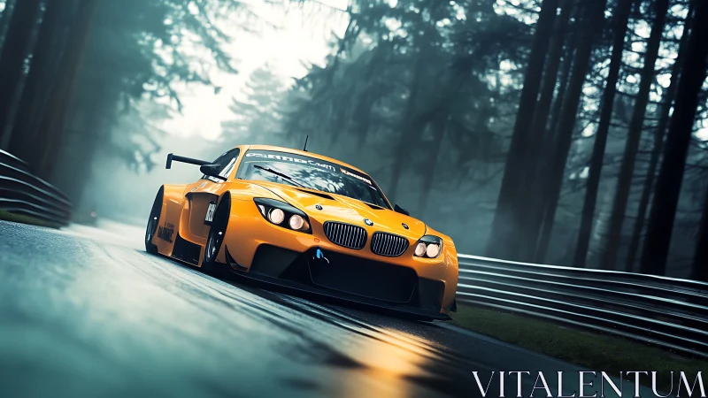 Golden race car slicing through a misty forest circuit.