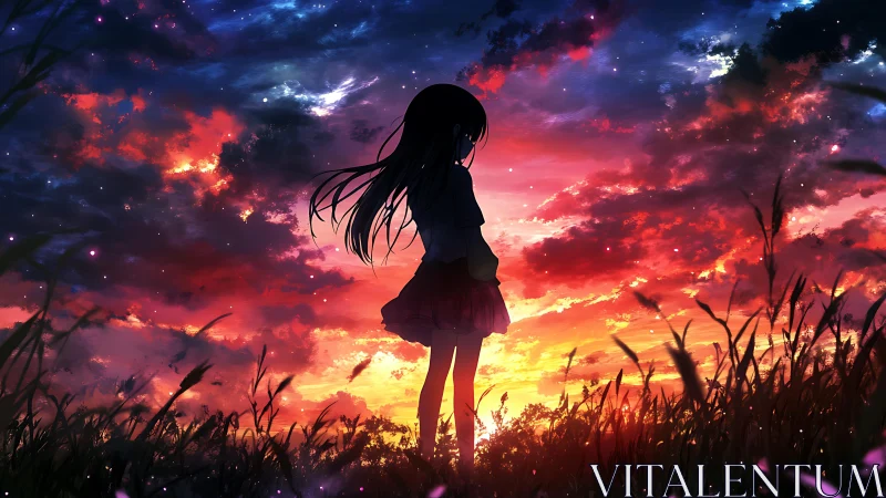 Silhouetted anime girl observes a luminous, high-contrast sunset sky