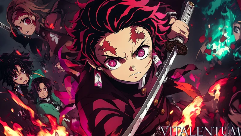 Anime swordsman charges through flames in a fierce battle